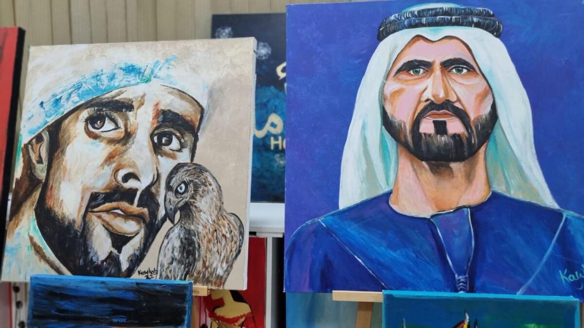 Paintings of Sheikh Mohammed and Sheikh Hamdan by Kawkab Mohsin.
