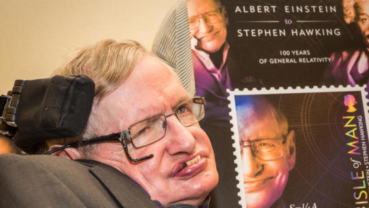 Stephen Hawking, Malcolm Perry, at Starmus festival where the Isle of Man post Office announced the launch of a new set of stamps commemorating 100 years of Einstein's theory of general relativity.