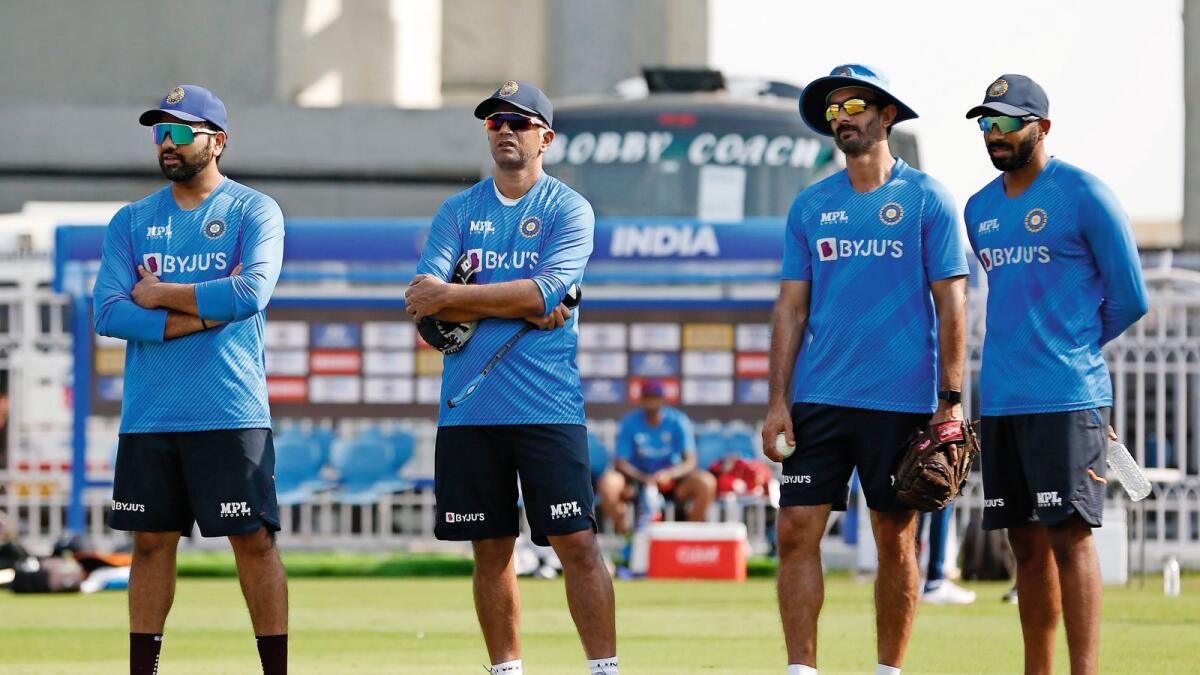 Think tank: (From left) Indian captain Rohit Sharma, coach Rahul Dravid, batting coach Vikram Rathour and vice captain Jasprit Bumrah.  — BCCI twitter