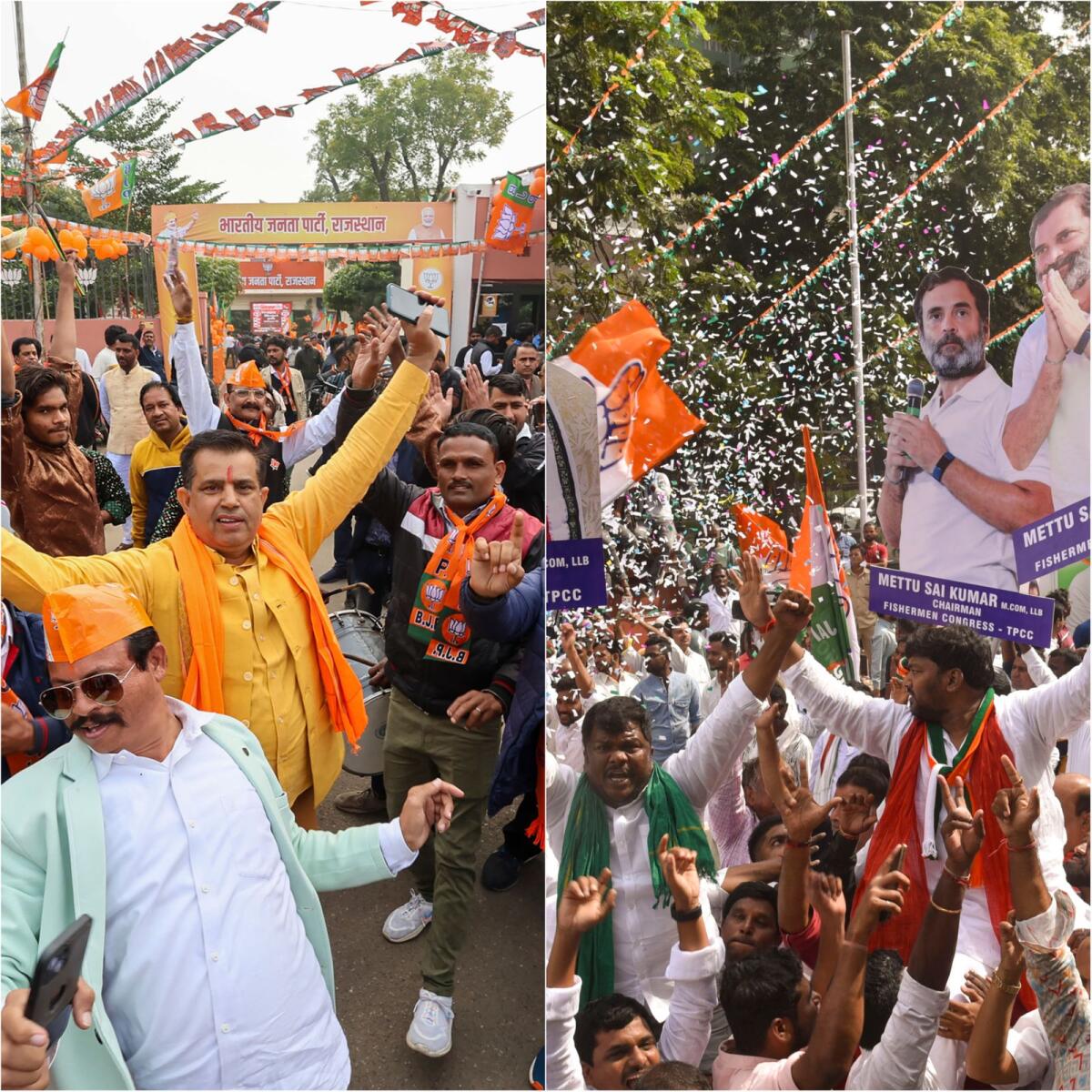 Photo: (left) BJP workers and supporters outside the party headquarters during counting of votes for the Rajasthan Assembly elections, in Jaipur, Sunday, Dec. 3, 2023. (right) Congress workers and supporters celebrate the party's lead during counting of votes for Telangana Assembly elections, outside Gandhi Bhavan in Hyderabad. PTI