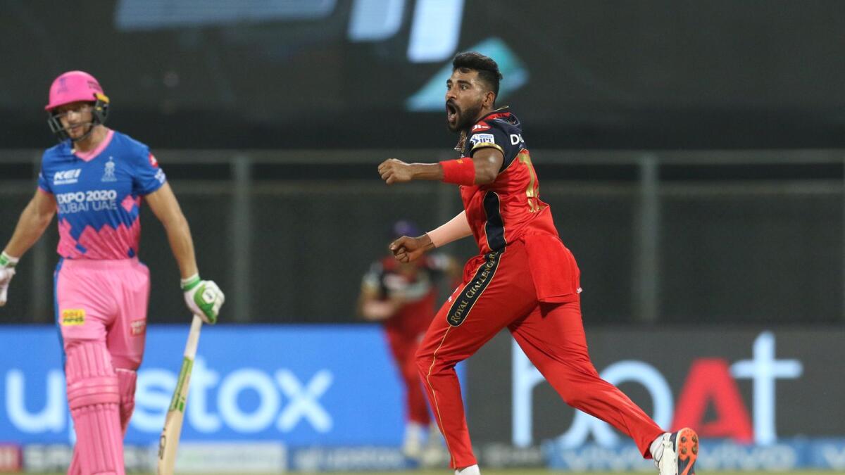 Rajasthan Royals opener Jos Buttler bowled by Mohammed Siraj of the Royal Challengers Bangalore. (IPL)