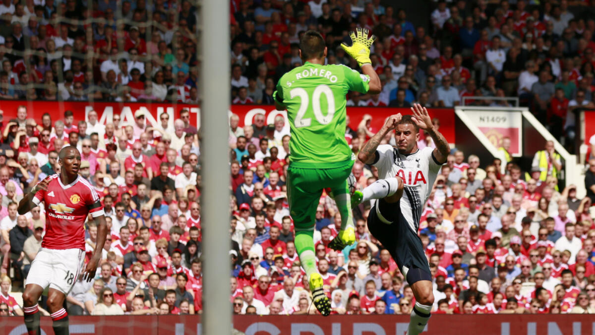 Tottenham’s Kyle Walker in action against Manchester United’s Sergio Romero in a Premier League match.  