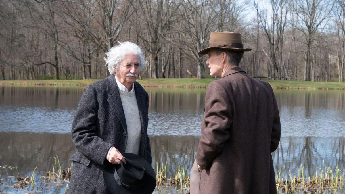 Tom Conti as Albert Einstein and Cillian Murphy as J Robert Oppenheimer. Photo: Universal Pictures/AP