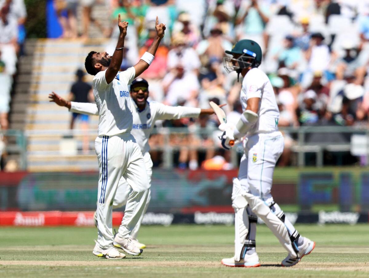 India's Jasprit Bumrah celebrates taking the wicket of South Africa's Keshav Maharaj - Reuters