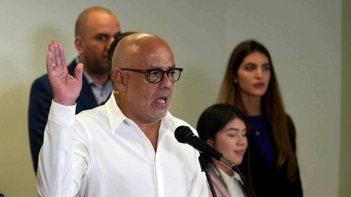 Jorge Rodriguez from the Venezuelan government delegation speaks to the media as he arrives at Benito Juárez International Airport in Mexico City. — AP
