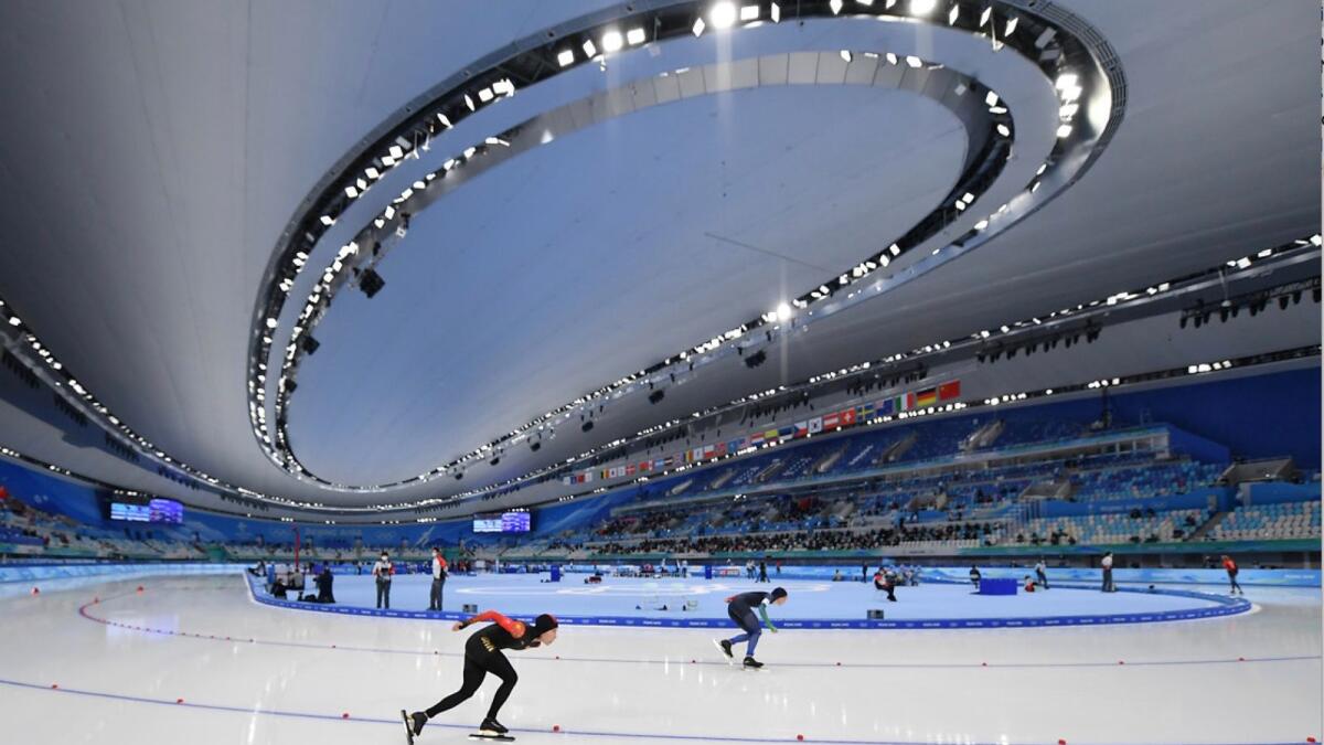 Women competing in a 3,000-metre race in the newly built National Speed Skating Oval in downtown Beijing on February 5. LI JUN / CHINA NEWS SERVICE