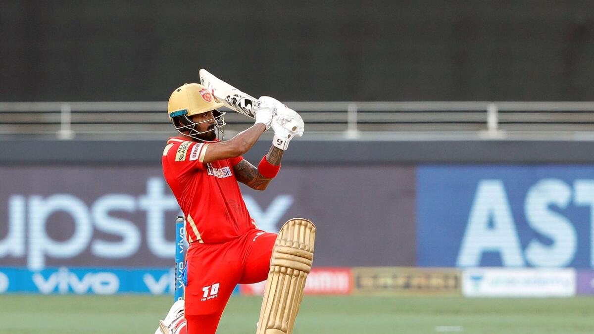 Punjab Kings captain KL Rahul plays a shot against the Chennai Super Kings in Dubai on Thursday. —BCCI