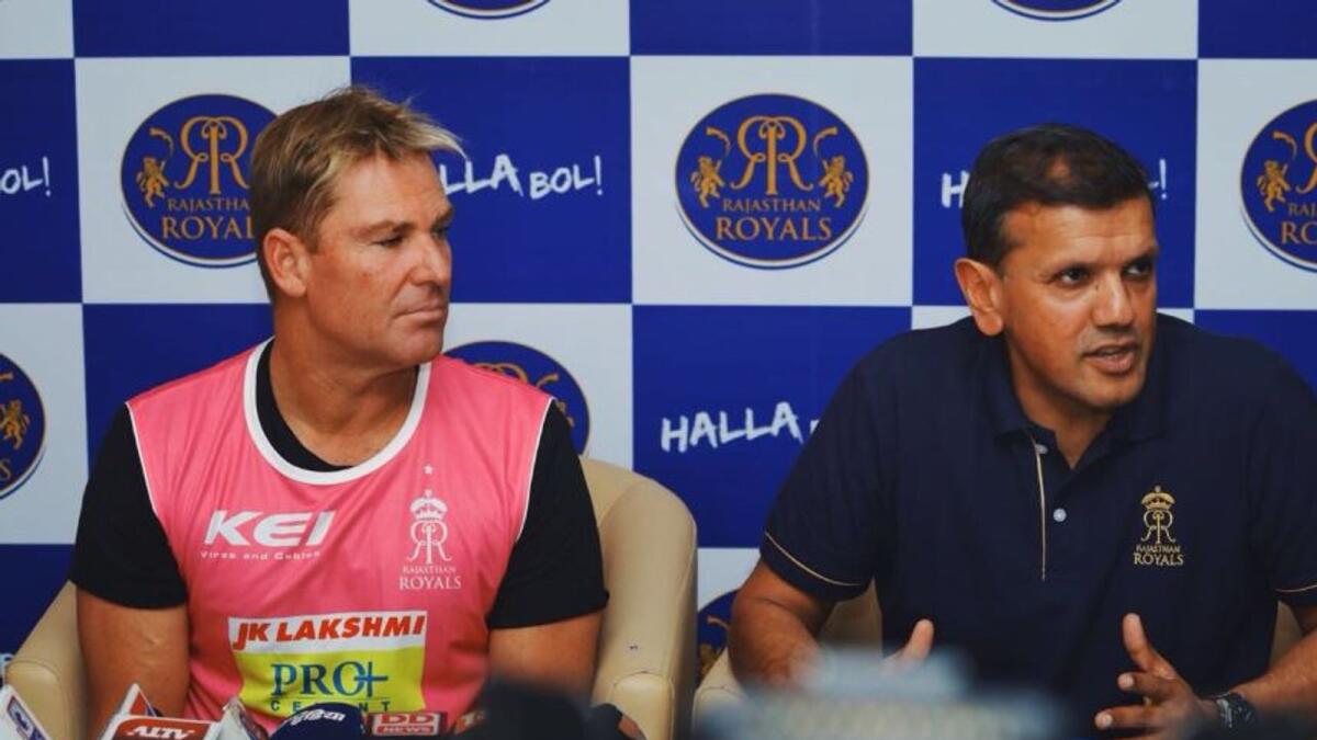 Manoj Badale, the lead owner of the Rajasthan Royals, with the team's mentor and brand ambassador Shane Warne. (RR Twitter)