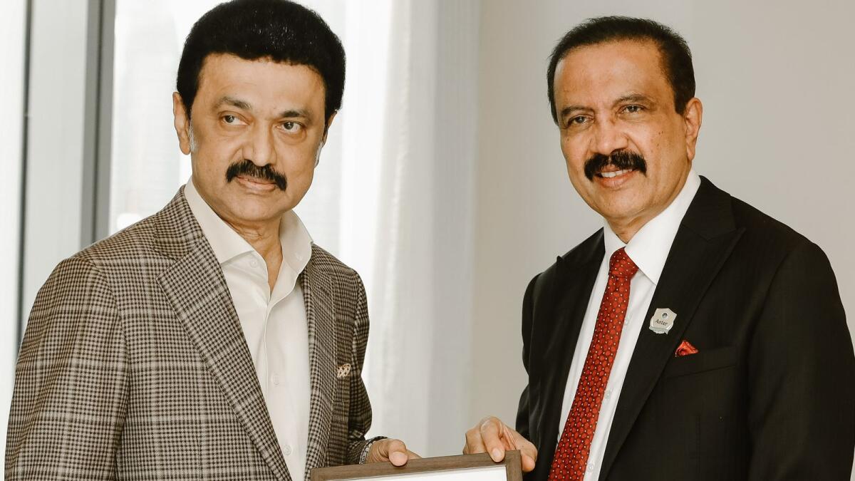 Dr Azad Moopen, founder chairman and managing director, Aster DM Healthcare, signed the memorandum of understanding during his meeting with M.K Stalin, Chief Minister of Tamil Nadu in Dubai. — Supplied photo