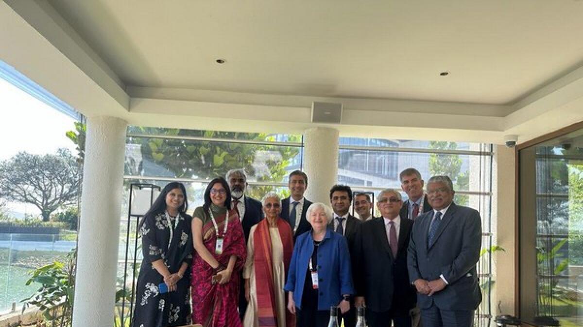 US Treasury Secretary Janet Yellen with US and Indian tech business leaders in Bengaluru on Saturday. - ANI