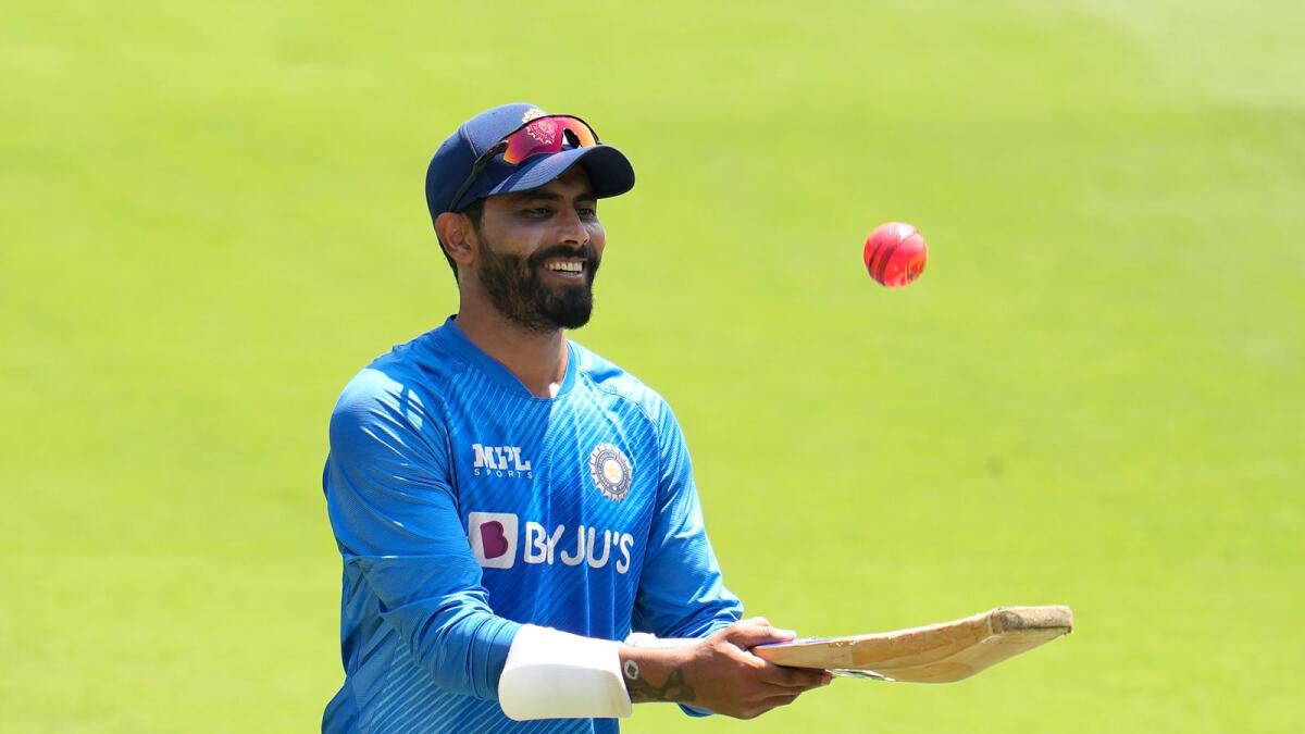 India's Ravindra Jadeja tosses the ball during a training session ahead of the second Test against Sri Lanka in Bengaluru on Friday. — AP