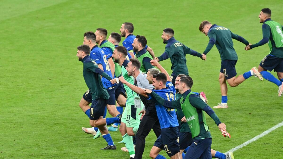 Italy's players celebrate after extra-time in the Euro 2020 round of 16 football match between Italy and Austria at Wembley Stadium. — AFP