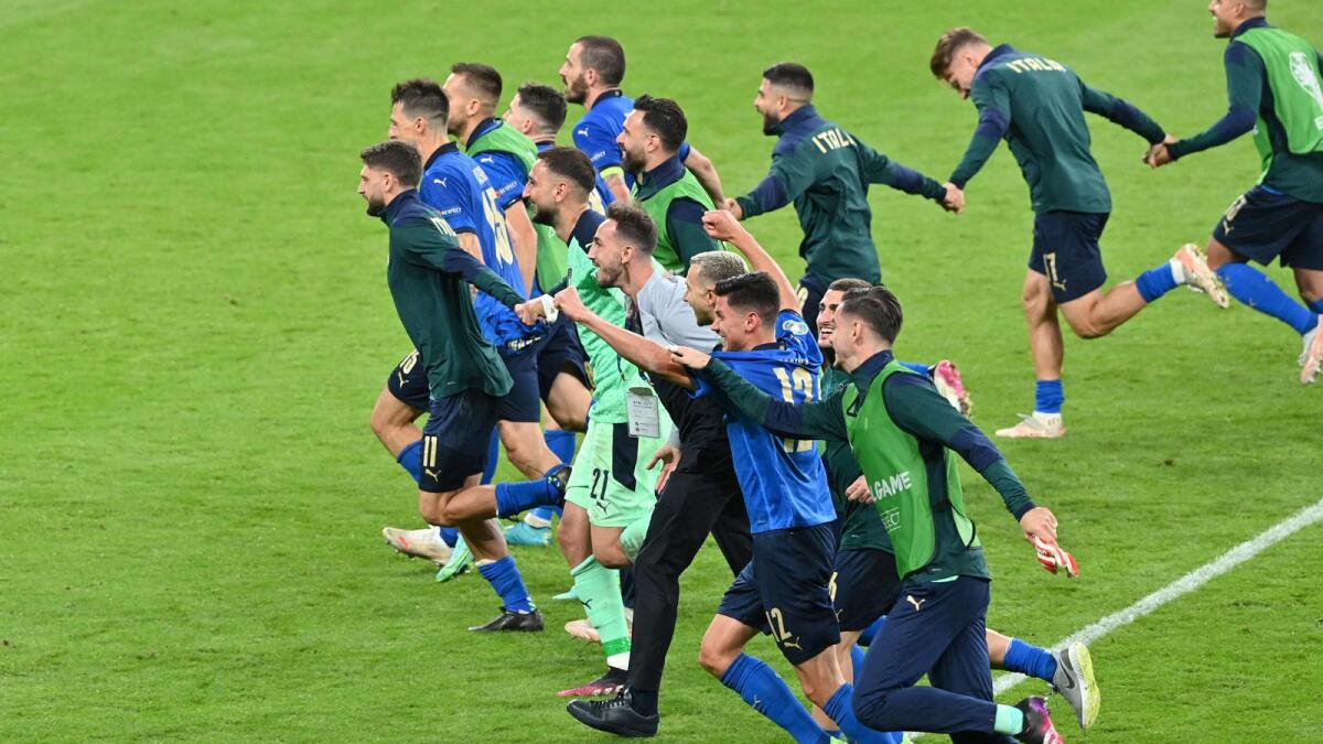 Italy's players celebrate after extra-time in the Euro 2020 round of 16 football match between Italy and Austria at Wembley Stadium. — AFP