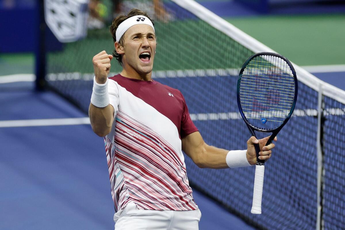 Casper Ruud of Norway celebrates a point against Carlos Alcaraz of Spain during their US Open final last month in New York. (Supplied photo)