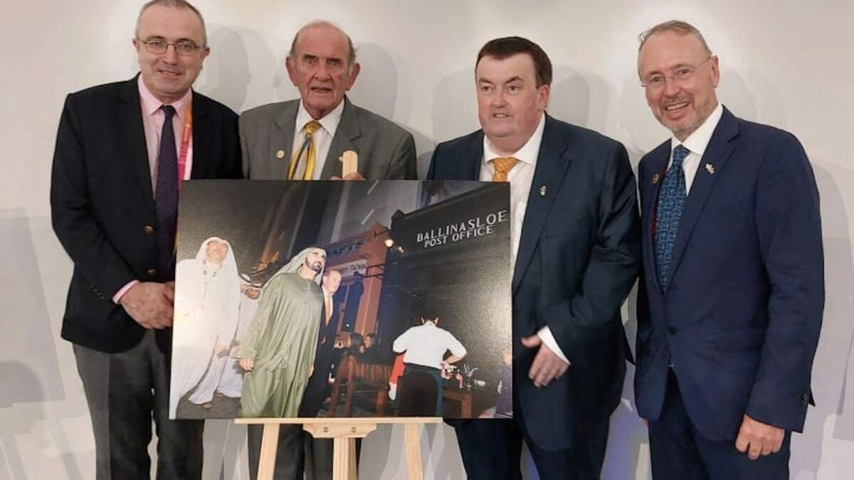Colm McLoughlin, Aidan Cronin, Irish Ambassador to the UAE, Colm Brophy, Minister of State and Patrick Hennessy, Commissioner General of the Ireland Pavilion at Expo 2020 Dubai are seen here with one of the photographs being showcased at an exhibition in the Ireland Pavilion