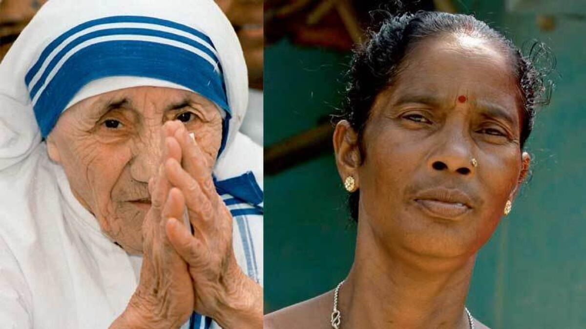 Mother Teresa at the Missionaries of Charity in New Delhi in 1997 (left), cured cancer patient Monica Besra in Nakur, 500km from Kolkata. 