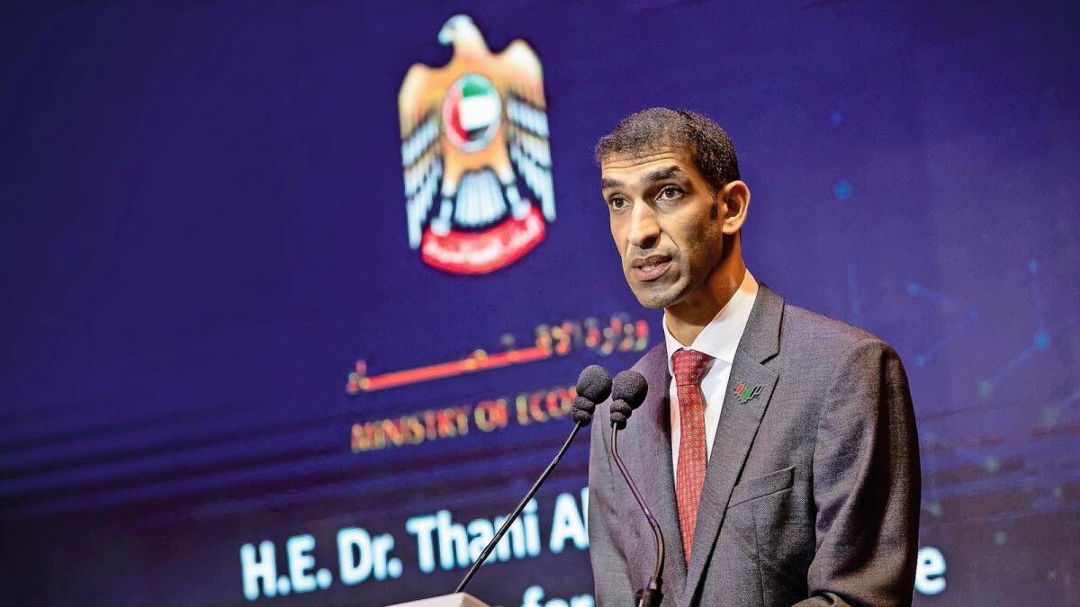 Dr Thani bin Ahmed Al Zeyoudi, UAE Minister of State for Foreign Trade, as a speaker at the event in Tel Aviv. — Photo courtesy:  Eran Beeri