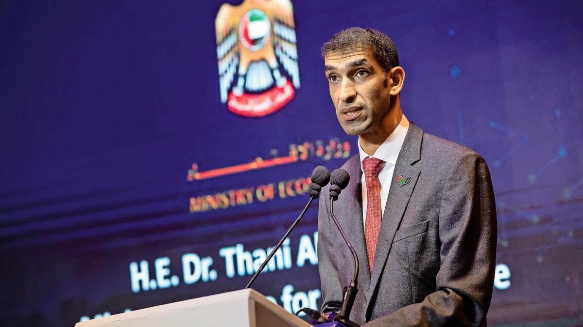 Dr Thani bin Ahmed Al Zeyoudi, UAE Minister of State for Foreign Trade, as a speaker at the event in Tel Aviv. — Photo courtesy:  Eran Beeri