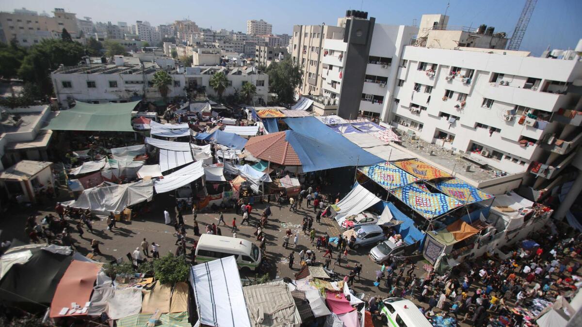 An aerial view shows the compound of Al Shifa hospital in Gaza City amid the ongoing battles between Israel and Hamas — AFP