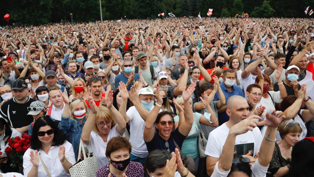 Belarusians attend a meeting in support of Svetlana Tikhanovskaya, candidate for the presidential elections, in Minsk, Belarus. The presidential election in Belarus is scheduled for August 9, 2020. Photo: AP