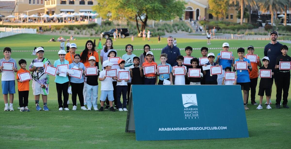 Future Falcons Par 3 winners with UAE Golf Coach Cameron van Rooyen and Neal Graham, R&amp;A. - Supplied photo