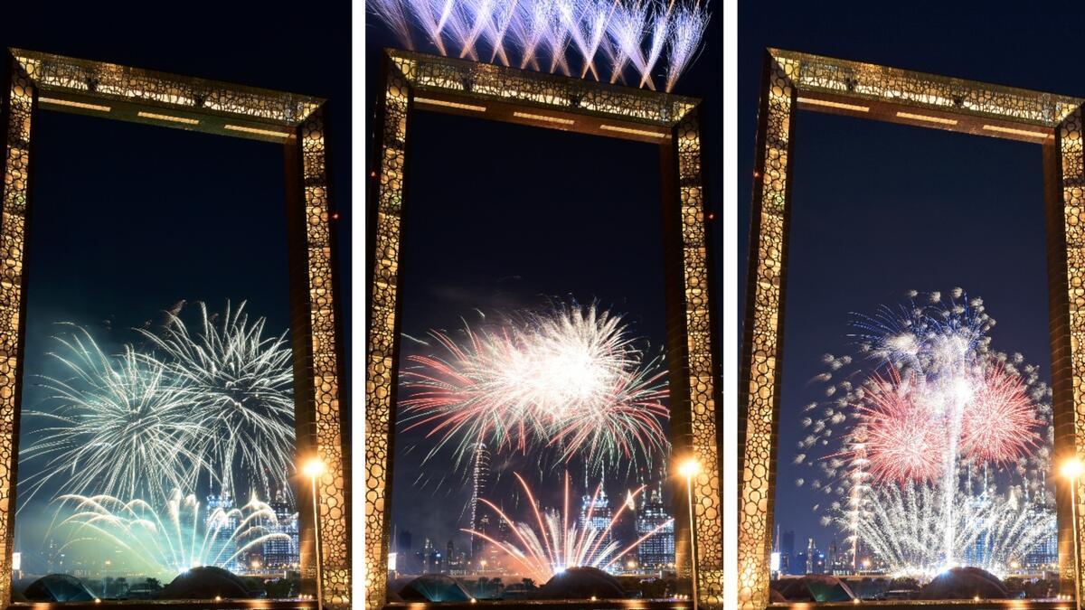 Revelers were treated to a spectacular riot of colours in the sky when fireworks exploded as midnight struck at Dubai Frame during the New Year's Eve celebrations.