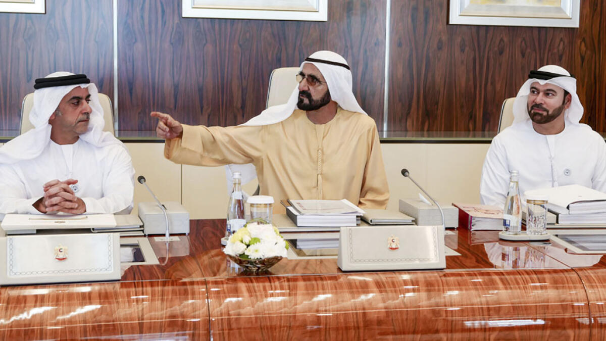 Sheikh Mohammed; Lt-Gen Sheikh Saif bin Zayed Al Nahyan, Deputy Prime Minister and Minister of Interior; and Mohammad Abdullah Al Gergawi, Minister of Cabinet Affairs and the Future, at the Cabinet meeting in Abu Dhabi on Sunday.