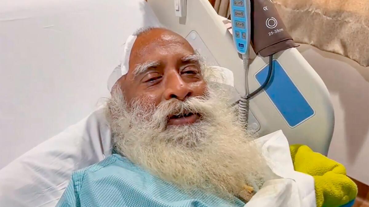 Spiritual leader Sadhguru Jaggi Vasudev after an emergency brain surgery, at Indraprastha Apollo Hospital in New Delhi. Photo: PTI