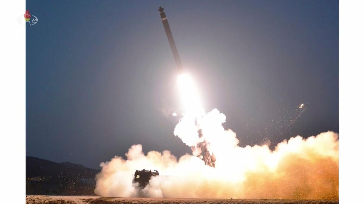 This image shows a ballistic missile being launched from an undisclosed location in North Korea, on Monday. — AP