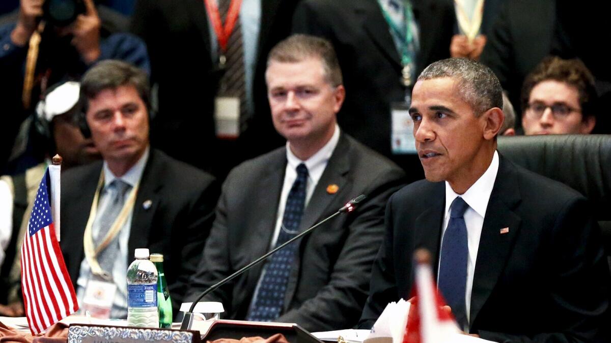 US President Barack Obama speaking at the US-Asean meeting at the Asean Summit in Kuala Lumpur on Saturday. The Asean leaders will sign a declaration today establishing the Asean Economic Community, originally envisioned in 2002. 