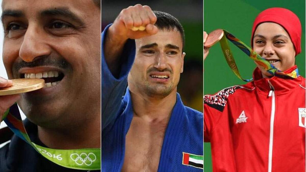 Olympic winners from GCC: Kuwait's independent entry shooter Fehaid Aldeehani (left), UAE's Sergiu Toma (judoka) and Egyptian weightlifter Sara Ahmed (right)