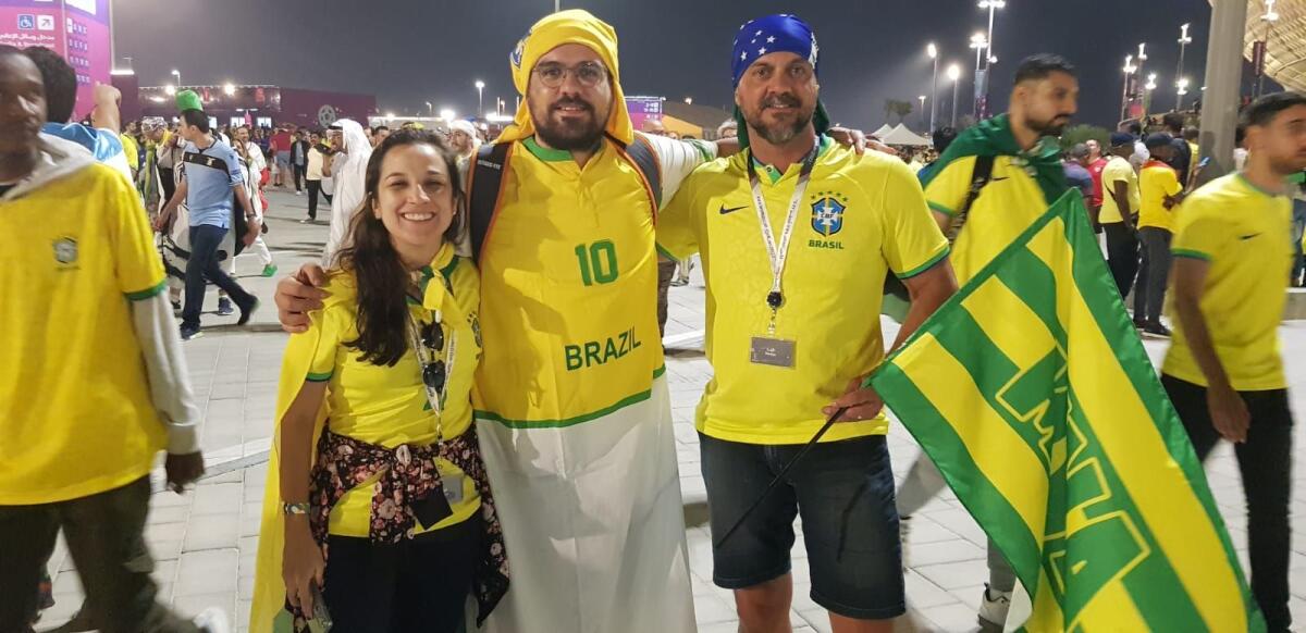Victor (centre), Pedro (right) and Andrea have travelled from Sao Paulo for the Qatar World Cup. - KT photos by Rituraj Borkakoty