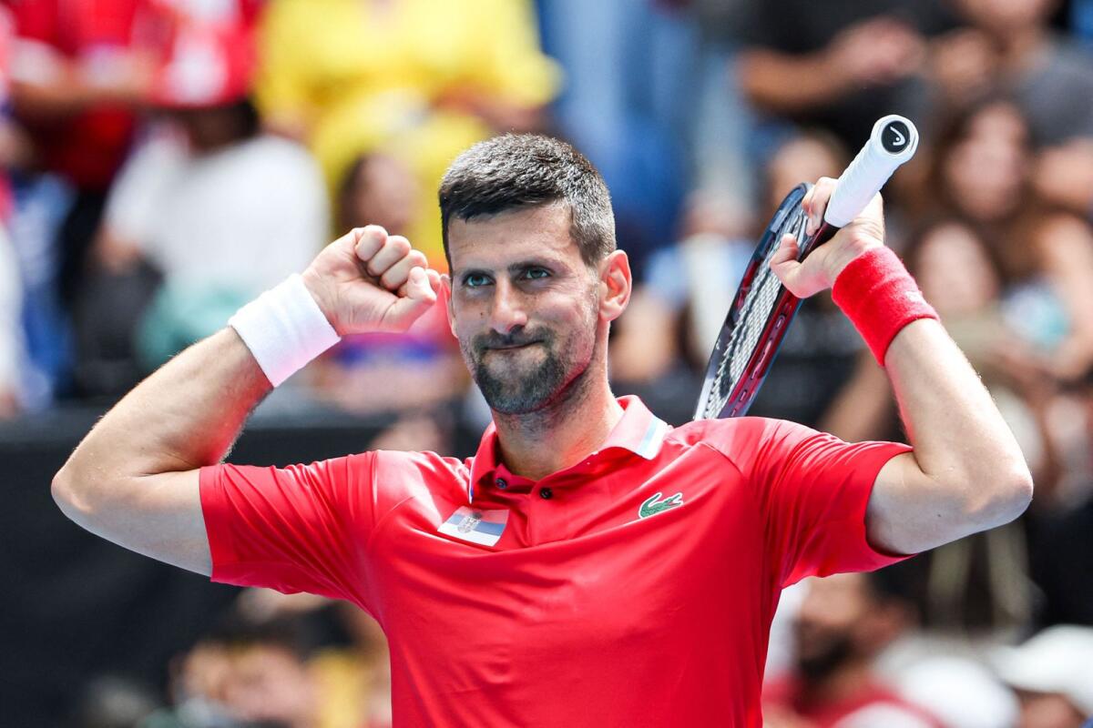 Serbia's Novak Djokovic celebrates after winning against Czech Republic's Jiri Lehecka at the United Cup in Perth on Tuesday. — AFP