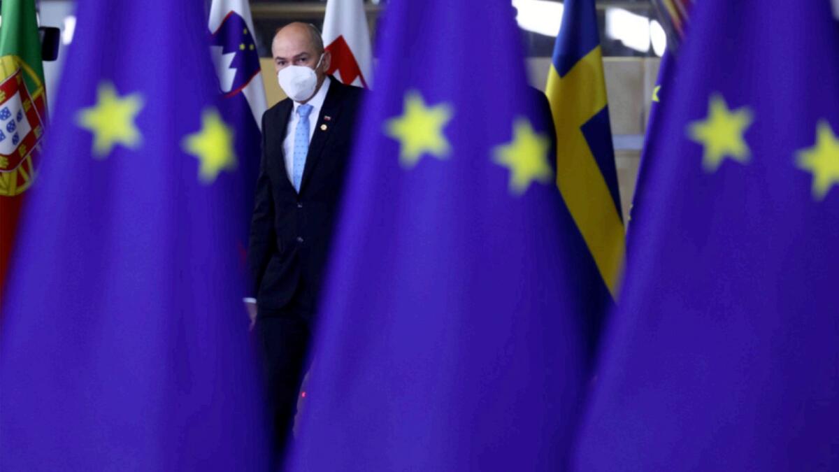 Slovenia's Prime Minister Janez Jansa arrives for an EU Summit at the European Council building in Brussels. — AP