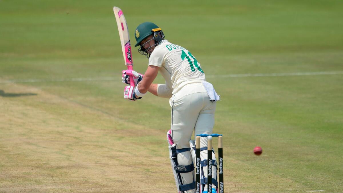 Faf du Plessis watches the ball after missing a shot during the third day of the first Test cricket match between South Africa and Sri Lanka. — AFP
