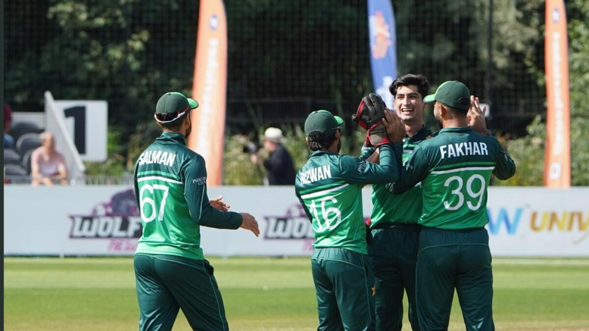 Pakistan players celebrate a wicket during the second one-day game against the Netherlands. (PCB Twitter)