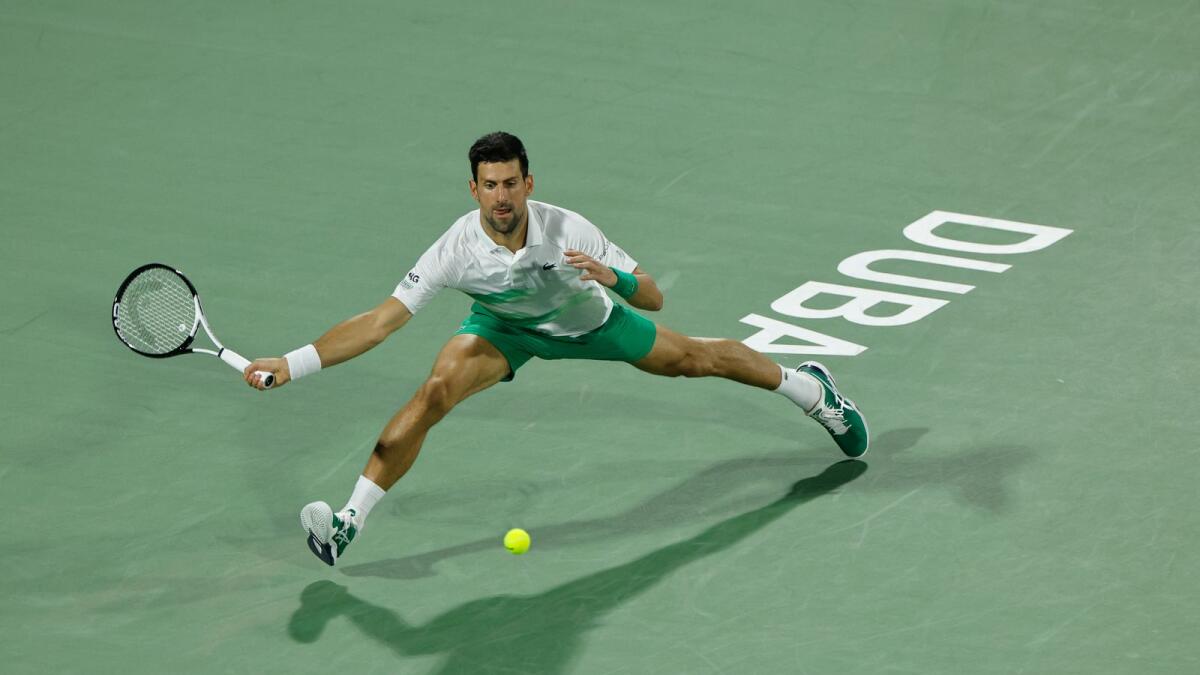 Novak Djokovic hits a return against Karen Khachanov at the Dubai Duty Free Tennis Championships on Wednesday. (DDF Tennis)