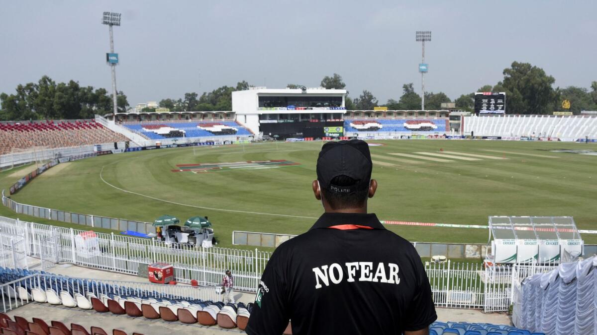 A member of the Police Elite Force seen at the empty Rawalpindi Cricket Stadium after New Zealand pulled out of the Pakistan tour over security concerns on September 17. (Reuters)