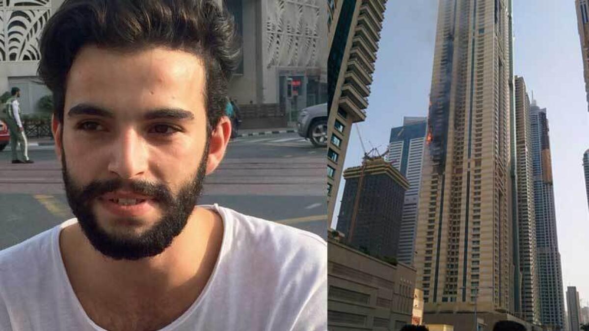 Dubai resident Mohammad Ammar Al Bitar (left), fire that broke out at the Sulafa tower (right)