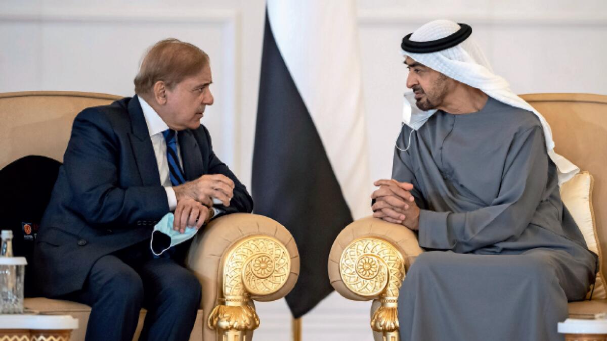 The UAE President, His Highness Sheikh Mohamed bin Zayed Al Nahyan meets with Pakistan PrimeMinister Muhammad Shehbaz Sharif in Abu Dhabi in May 2022.