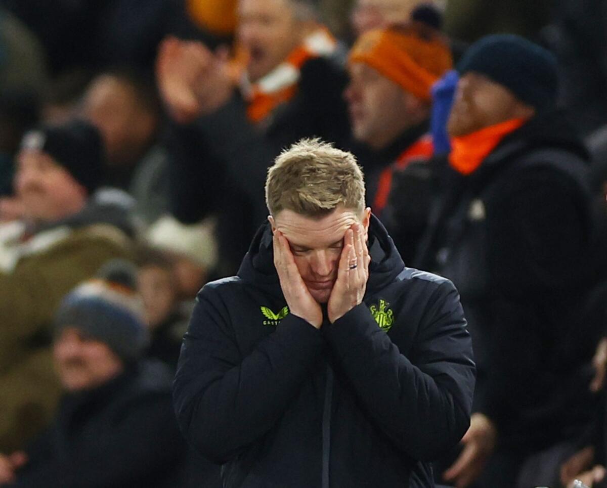Newcastle United manager Eddie Howe looks dejected after the defeat to Luton Town. — Reuters