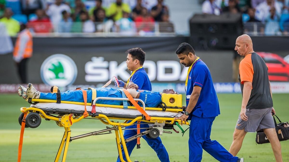 Indias Hardik Pandya injured while playing against Pakistan in the Asia Cup 2018 match in Dubai.-Photo by Neeraj Murali
