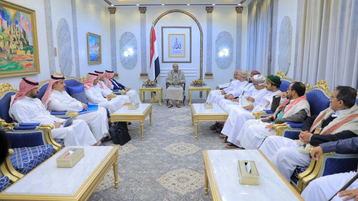 Head of the Houthi Supreme Political Council Mahdi Al Mashat meets with Saudi and Omani delegations at the Republican Palace in Sanaa, Yemen, on April 9. — Reuters
