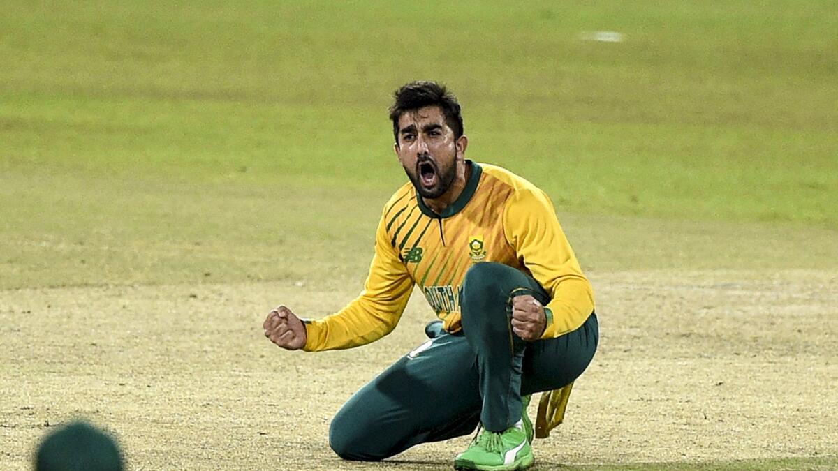 South Africa's Tabraiz Shamsi celebrates after taking the wicket of Sri Lanka's Dasun Shanaka during the second T20I in Colombo on September 12. (AFP)