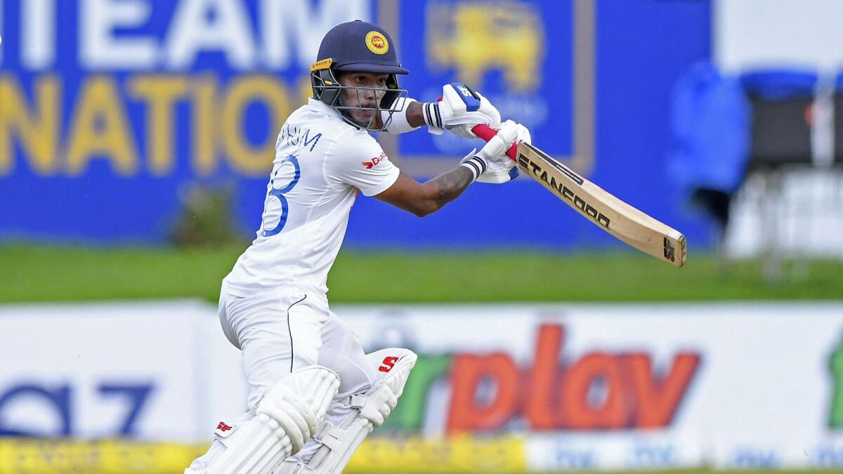 Sri Lanka's Pathum Nissanka plays a shot on the first day of the second Test against the West Indies in Galle on Monday. — AFP