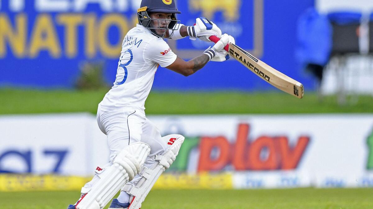Sri Lanka's Pathum Nissanka plays a shot on the first day of the second Test against the West Indies in Galle on Monday. — AFP
