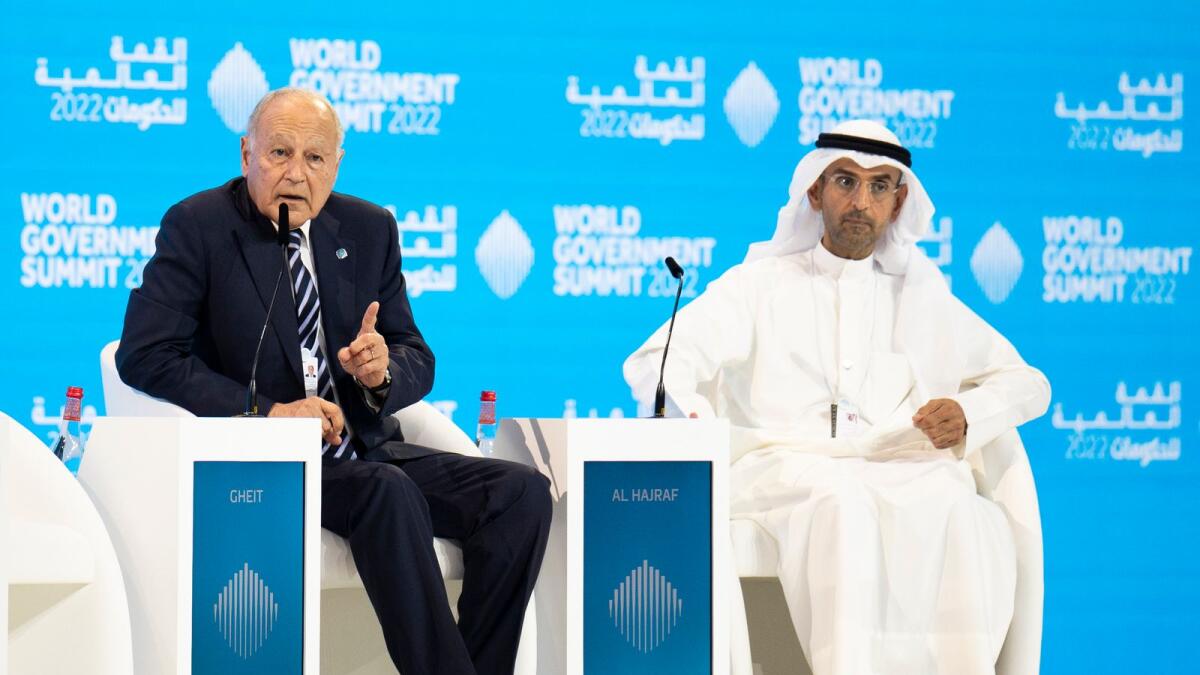 Dr Nayef Al Hajraf, Secretary General, Gulf Cooperation Council (GCC), Ahmed Aboul Gheit, Secretary General, League of Arab States at the World Government Summit in Dubai on Tuesday. 29, March 2022. Photo by Shihab
