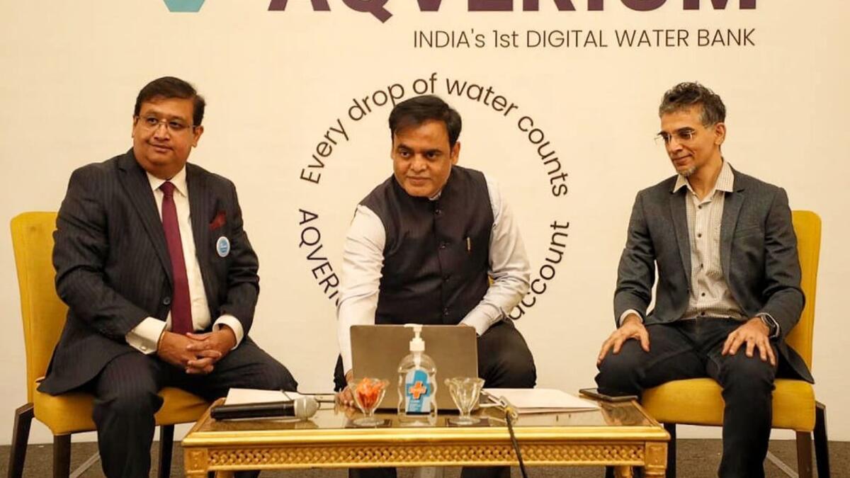 Aqverium, India’s first Digital Water Bank, was launched on March 14 in Bengaluru, Karnataka, by Dr. CN Ashwath Narayan (centre), Minister for Information Technology, Biotechnology, Higher Education, Science and Technology, and (right) Dr. Subramanya Kusnur, founder chairman and CEO, AquaKraft Group Ventures, which owns Aqverium. (Supplied)