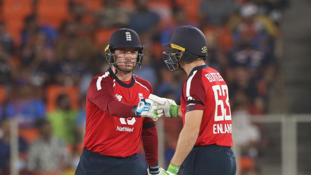 England's Jason Roy and Jos Buttler during the first T20 International against India. (BCCI)