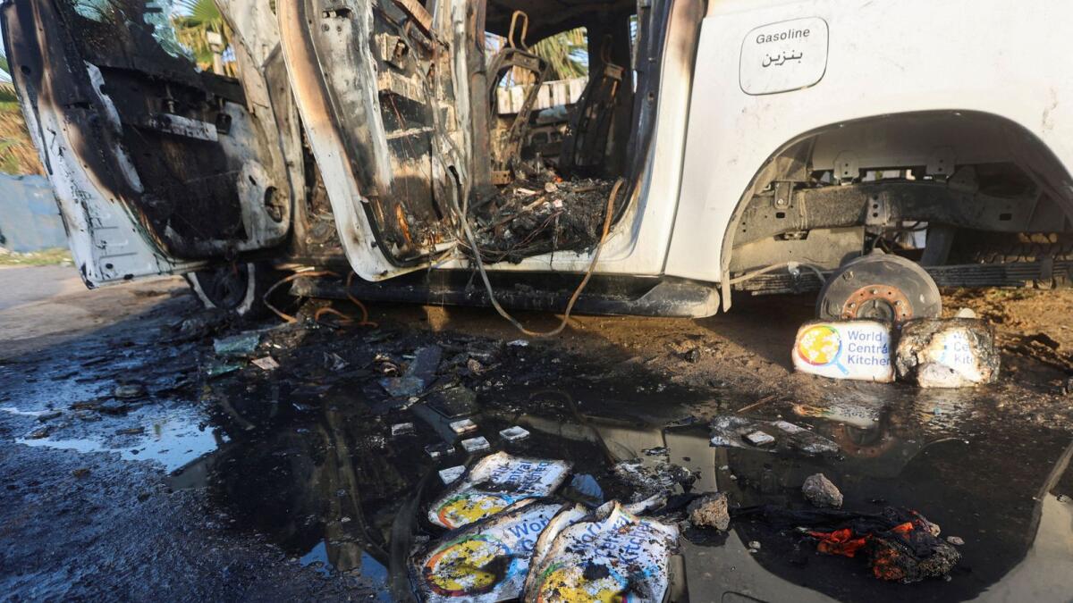 A view of the vehicle where employees from the World Central Kitchen (WCK), including foreigners, were killed in an Israeli airstrike in Gaza. — Reuters file photo
